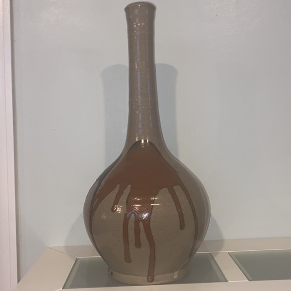 Ceramic Glazed Clay Bottleneck Brown/Teal/ Dark Brown Drip Paint DesignVase/Pot - Picture 4 of 9
